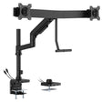 The Mount-It! Dual Monitor Mount with Pole and Crossbar in black features adjustable arms, VESA plates for secure hold, edge desk mounting, integrated cable management, and base USB ports for ergonomic workspace organization.
