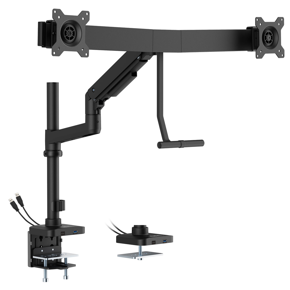 The Mount-It! Dual Monitor Mount with Pole and Crossbar in black features adjustable arms, VESA plates for secure hold, edge desk mounting, integrated cable management, and base USB ports for ergonomic workspace organization.