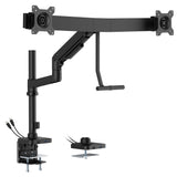 The Mount-It! Dual Monitor Mount with Pole and Crossbar in black features adjustable arms, VESA plates for secure hold, edge desk mounting, integrated cable management, and base USB ports for ergonomic workspace organization.