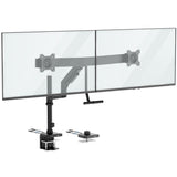 The Mount-It! Dual Monitor Mount with Pole and Crossbar in black supports two monitors side by side. It attaches securely to your desk with a clamp, and installation tools are included.