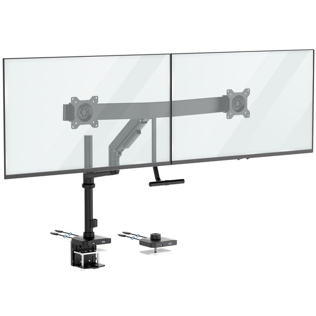 The Mount-It! Dual Monitor Mount with Pole and Crossbar in black supports two monitors side by side. It attaches securely to your desk with a clamp, and installation tools are included.