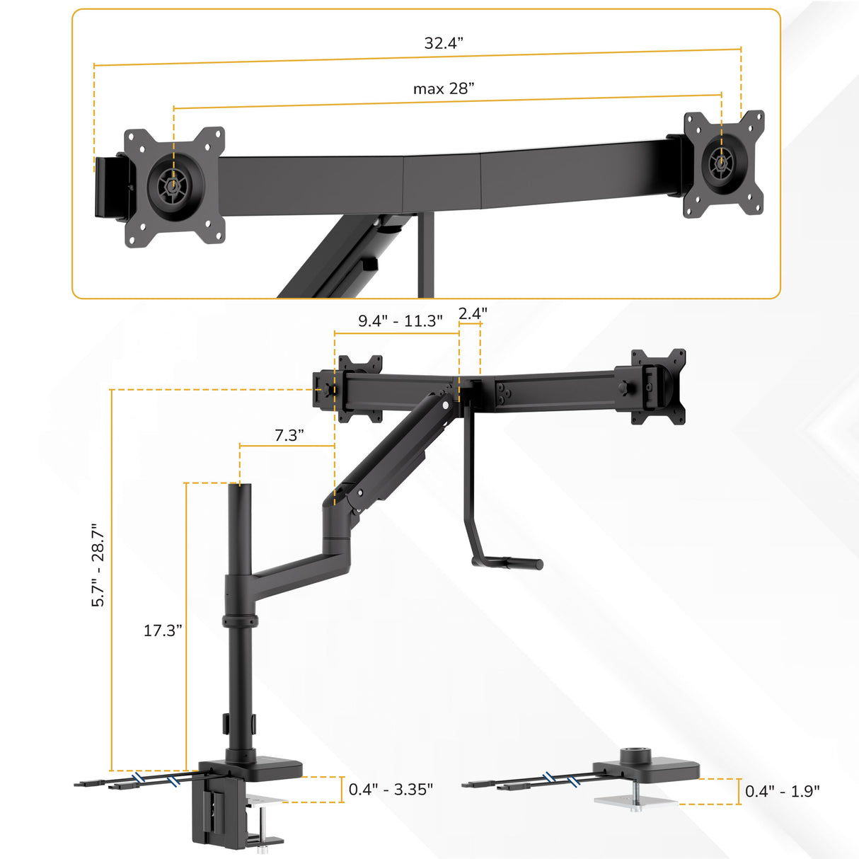 Diagram of the Mount-It! Dual Monitor Mount with Pole and Crossbar, featuring labeled measurements: max width 32.4", arm extension, height adjustments, and desk clamp size—perfect for an ergonomic workstation.