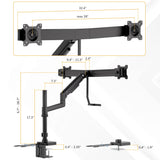 Diagram of the Mount-It! Dual Monitor Mount with Pole and Crossbar, featuring labeled measurements: max width 32.4", arm extension, height adjustments, and desk clamp size—perfect for an ergonomic workstation.