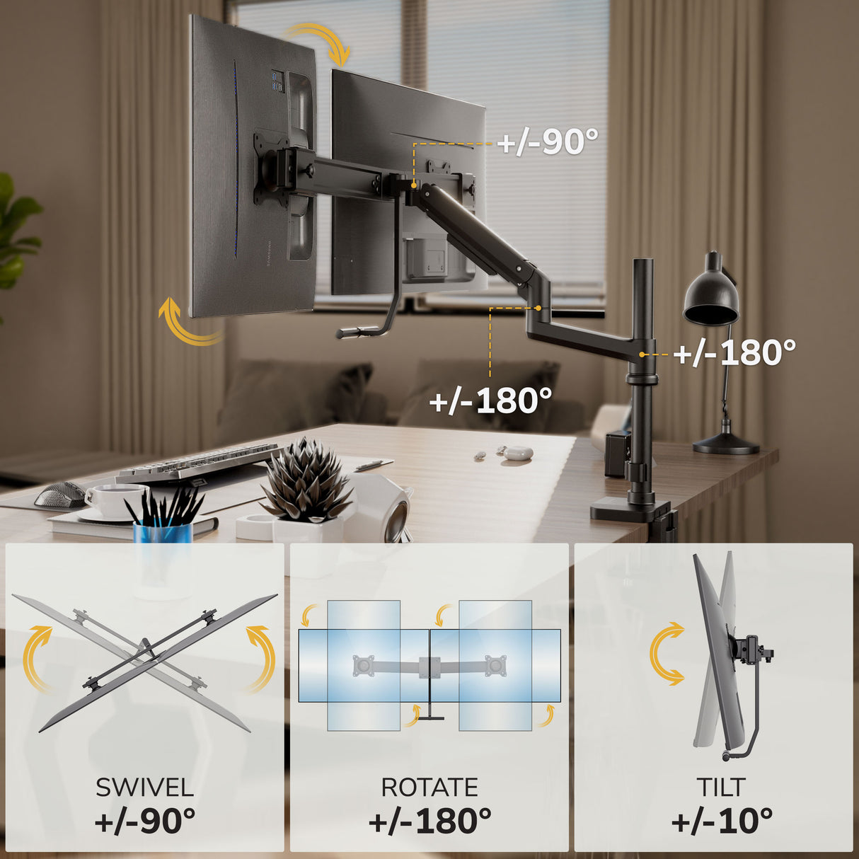 The Mount-It! Dual Monitor Mount with Pole and Crossbar is set up on a modern office desk for ergonomic use. Arrows and labels show arms swivel ±90°, rotate ±180°, and tilt ±10°, with close-up icons illustrating each movement.