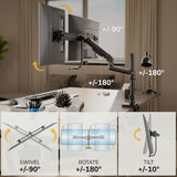 The Mount-It! Dual Monitor Mount with Pole and Crossbar is set up on a modern office desk for ergonomic use. Arrows and labels show arms swivel ±90°, rotate ±180°, and tilt ±10°, with close-up icons illustrating each movement.