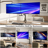 A modern office features a Mount-It! Dual Monitor Mount with Pole and Crossbar holding ultra-thin bezel monitors displaying vibrant abstract graphics. Additional images showcase different angles. Text: Consistent Aesthetics, Built for Businesses.