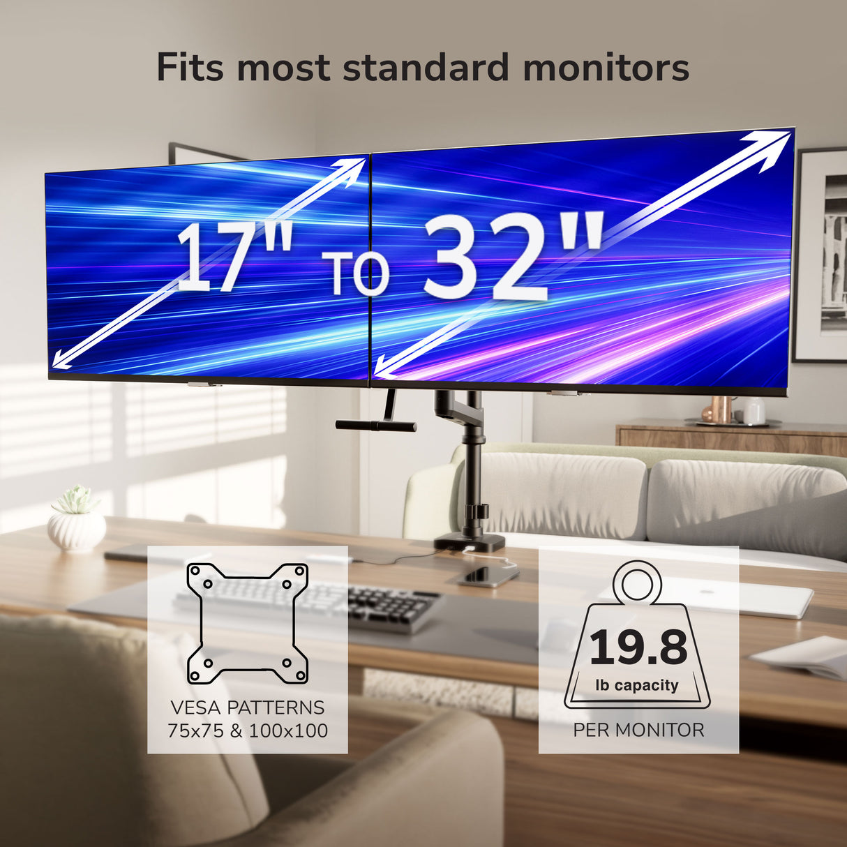 The Mount-It! Dual Monitor Mount with Pole and Crossbar fits 17–32" screens, supports VESA 75x75 & 100x100, holds up to 19.8 lbs per monitor, and offers adjustable arms for an ergonomic desk setup.