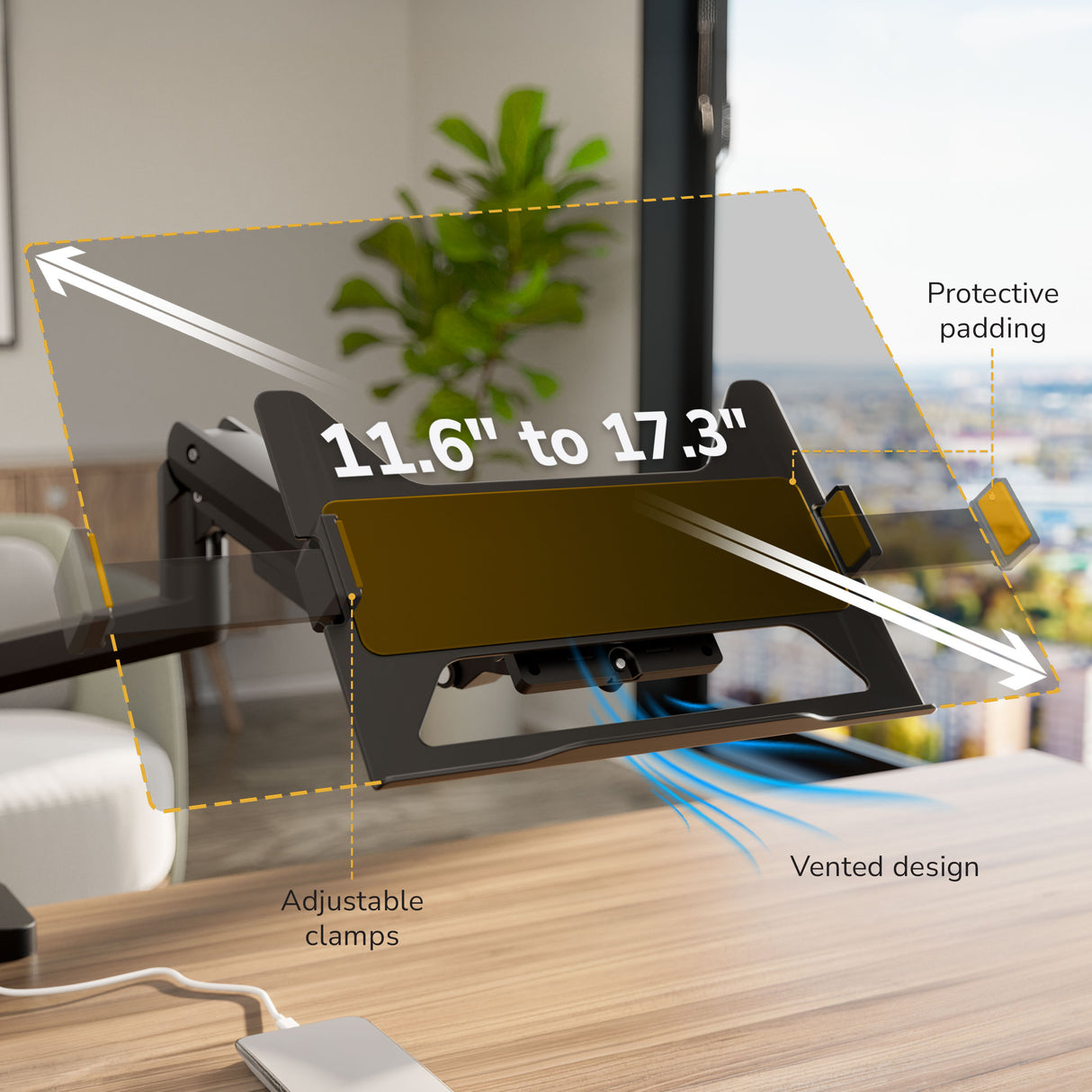 Mount-It! Laptop Mount with Pole and Gas Spring Arm features adjustable clamps, protective padding, vented design, and fits 11.6–17.3" laptops—perfect for any USB-C laptop desk setup in an office with a plant and large window.