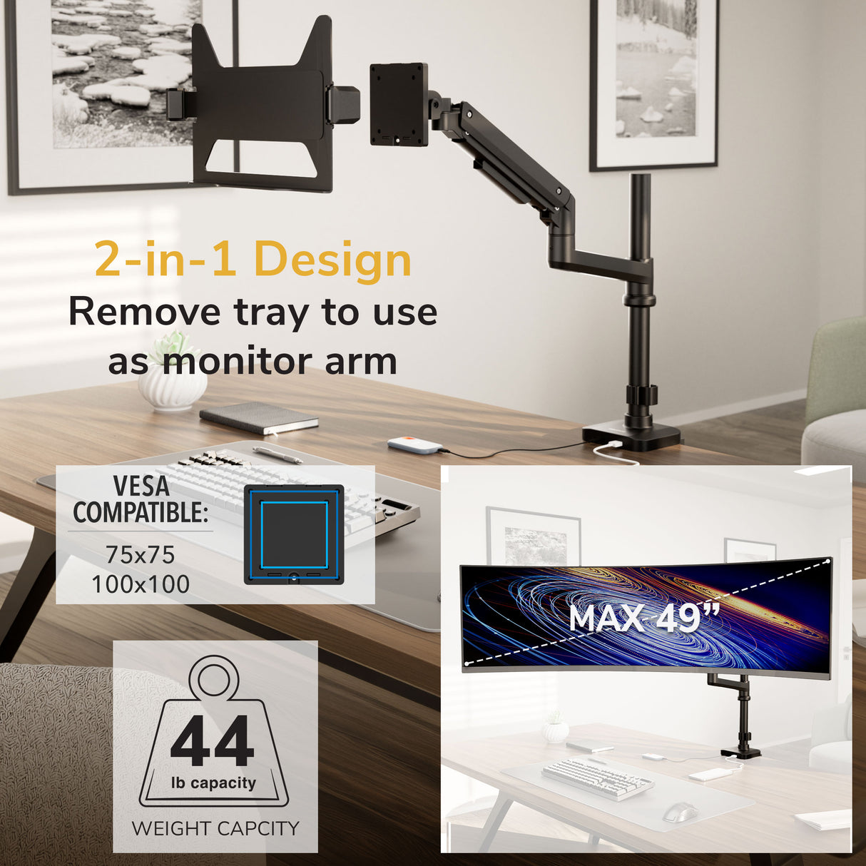 The Mount-It! Laptop Mount with Pole and Gas Spring Arm is shown mounted on a desk in a modern office. Its 2-in-1 design offers ergonomic laptop support, VESA compatibility (75x75, 100x100), holds up to 49” monitors and supports up to 44 lbs.