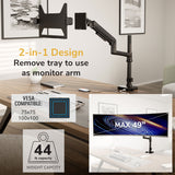 The Mount-It! Laptop Mount with Pole and Gas Spring Arm is shown mounted on a desk in a modern office. Its 2-in-1 design offers ergonomic laptop support, VESA compatibility (75x75, 100x100), holds up to 49” monitors and supports up to 44 lbs.