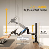 A person adjusts the Mount-It! Laptop Mount with Pole and Gas Spring Arm holding a laptop, showcasing adjustable height up to 17.3 inches. Text highlights: Adjustable to the perfect height and premium gas spring technology.