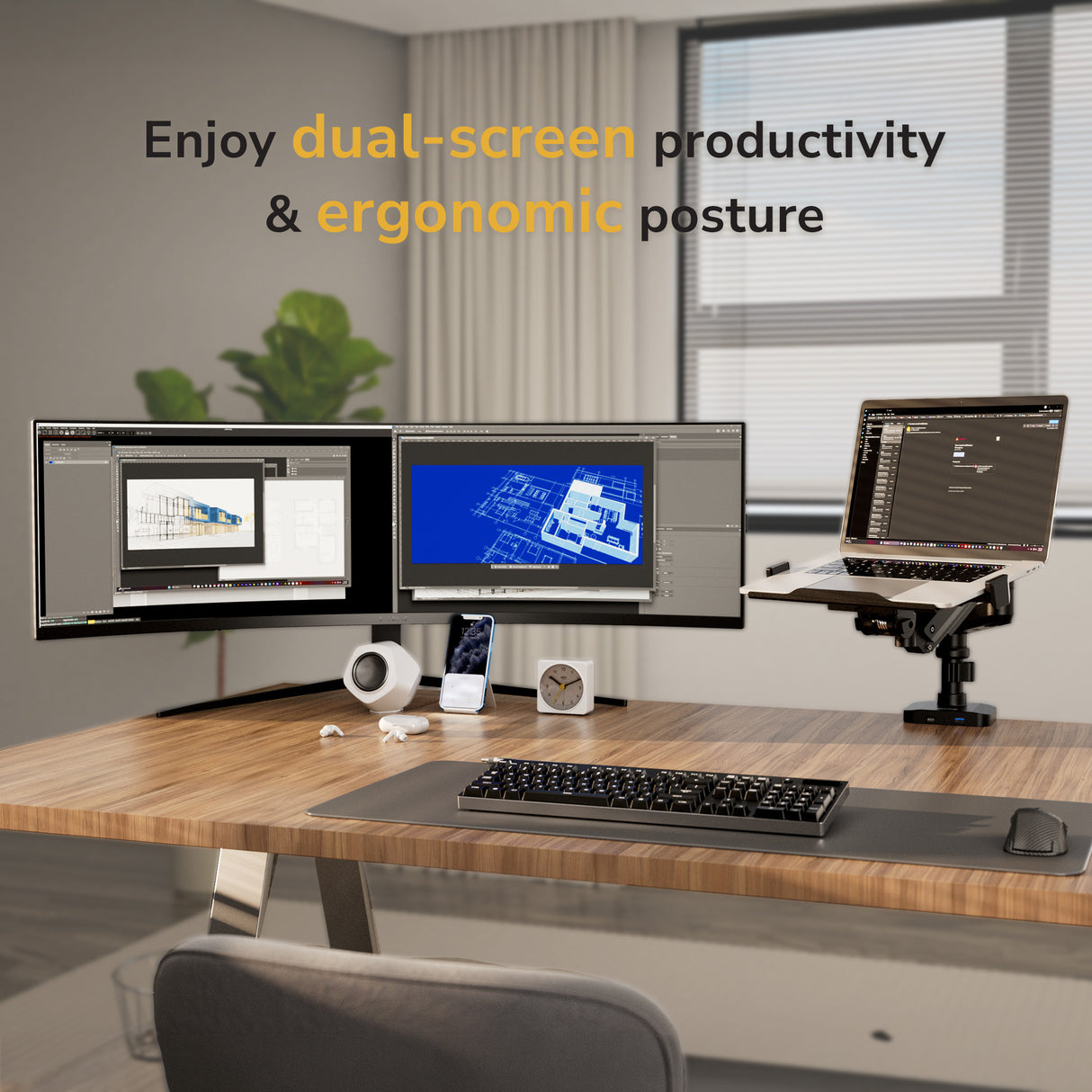 A modern desk featuring the Mount-It! Laptop Mount with Pole and Gas Spring Arm, dual widescreen monitors, keyboard, mouse, speakers, and accessories. Text: “Boost productivity & ergonomics with Mount-It!’s adjustable laptop mount.”.