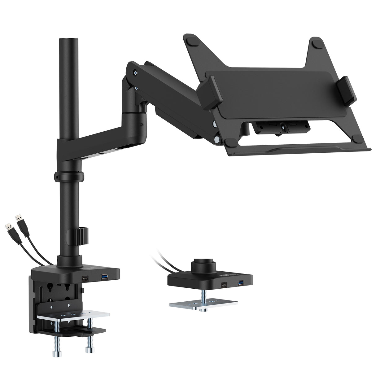 The Mount-It! Laptop Mount with Pole and Gas Spring Arm in black features an extendable arm, flat platform, USB-C ports, and secures to your desk via clamp or grommet base for ergonomic laptop positioning.