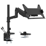 The Mount-It! Laptop Mount with Pole and Gas Spring Arm in black features an extendable arm, flat platform, USB-C ports, and secures to your desk via clamp or grommet base for ergonomic laptop positioning.