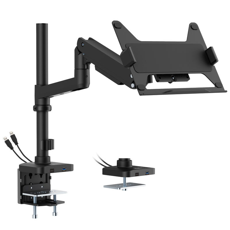 The Mount-It! Laptop Mount with Pole and Gas Spring Arm in black features an extendable arm, flat platform, USB-C ports, and secures to your desk via clamp or grommet base for ergonomic laptop positioning.