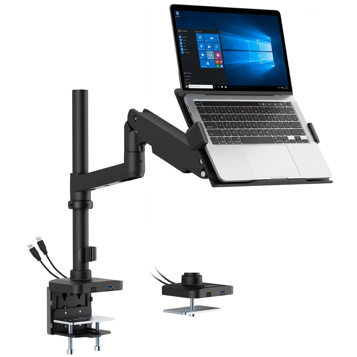 The Mount-It! Laptop Mount with Pole and Gas Spring Arm securely holds your laptop on its tray, features cable management clips and USB ports, and easily clamps to your desk edge for a tidy, ergonomic, space-saving setup.