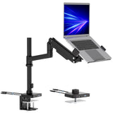 The Mount-It! Laptop Mount with Pole and Gas Spring Arm in black supports an open laptop with blue streaks wallpaper. It offers cable management, USB ports at the base, and clamp or grommet installation—perfect for any USB-C laptop desk setup.