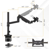 The Mount-It! Laptop Mount with Pole and Gas Spring Arm features a 17.3" pole height, 9.5-11.3" extension arm, 0.3-3.35" base width, 3.3" monitor plate, and 10.9-18.3" VESA mount width—ideal for ergonomic setup.