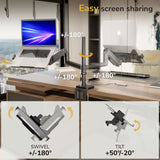 The Mount-It! Laptop Mount with Pole and Gas Spring Arm securely holds a laptop and monitor, each adjustable 180° for rotation, swivel, and -20° to 50° tilt—ideal for ergonomic office use and effortless screen sharing.