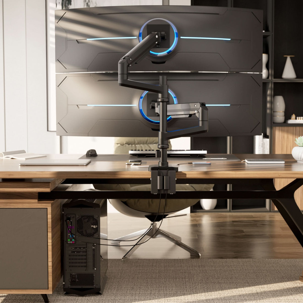 Multi Monitor Mount Stacking Heavy-Duty Dual Stacking Monitor Mount with Pole & Gas Spring Arms