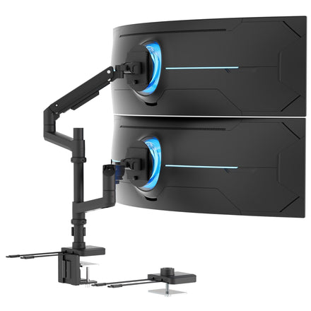 The Mount-It! Heavy-Duty Dual Stacking Monitor Mount with Pole & Gas Spring Arms securely holds two monitors vertically, offering full motion flexibility and blue LED accents, all clamped to your desk for a sleek workspace.
