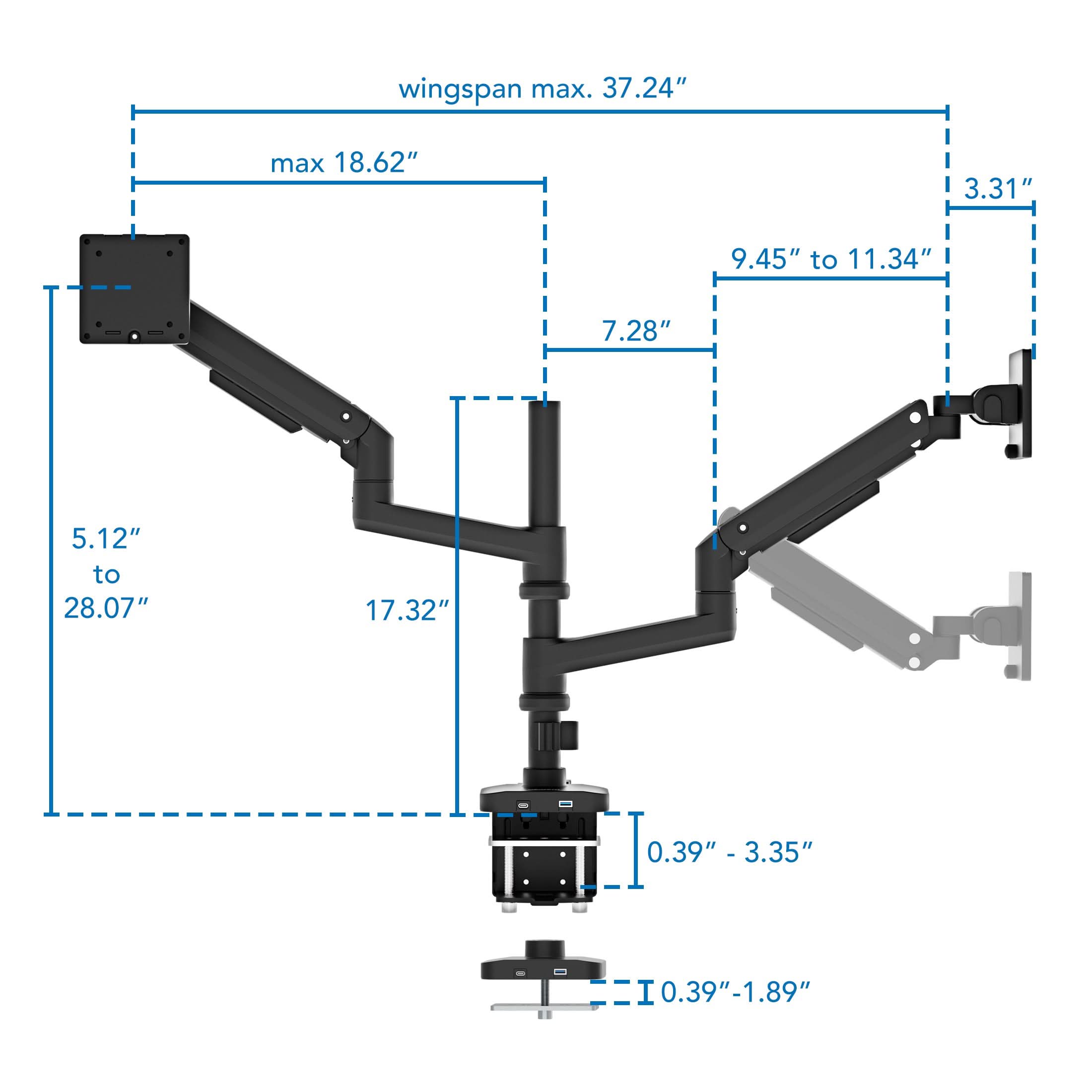 Mount-It! Heavy-Duty Dual Stacking Monitor Mount with Pole & Gas Spring Arms for monitors up to 49" Ultrawide | holds up to 44 lbs per monitor | MI-12007 - Thumbnail 3