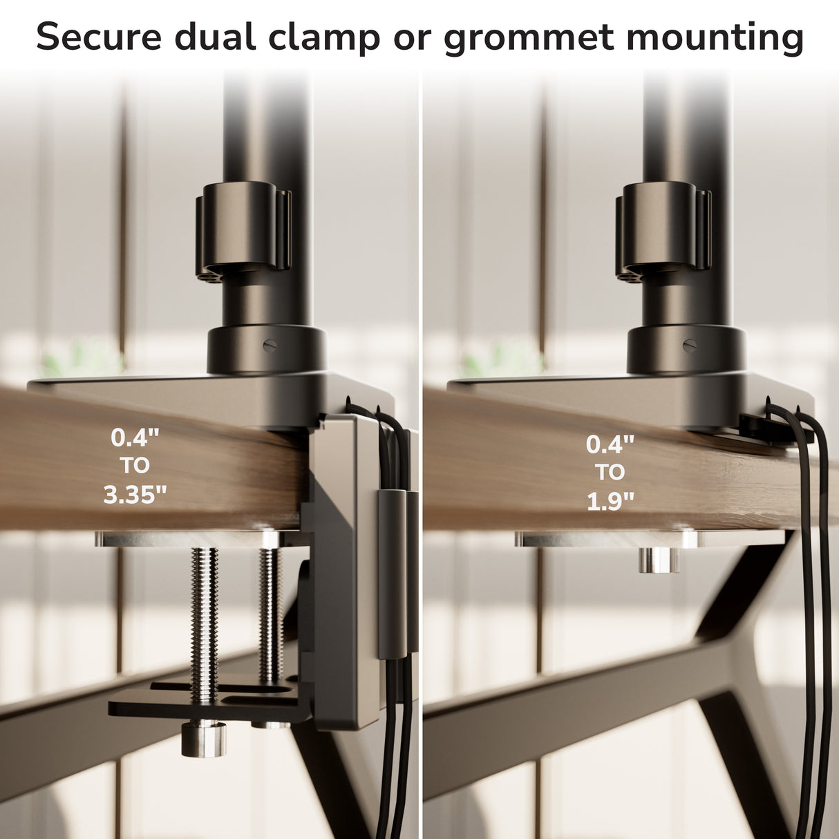 Side-by-side comparison shows the Mount-It! Heavy-Duty Monitor and Laptop Mount with Pole and Gas Spring Arms attached via clamp (0.4–3.35") on the left and grommet (0.4–1.9") on the right, offering secure, ergonomic mounting options.
