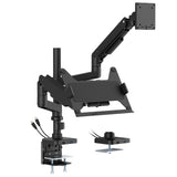 The Mount-It! Heavy-Duty Monitor and Laptop Mount in black features gas spring arms, a pole for flexible adjustment, built-in USB ports, and mounting clamps. Supports a monitor and laptop for versatile desktop positioning.