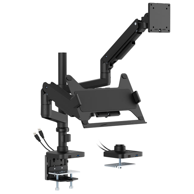 The Mount-It! Heavy-Duty Monitor and Laptop Mount in black features gas spring arms, a pole for flexible adjustment, built-in USB ports, and mounting clamps. Supports a monitor and laptop for versatile desktop positioning.