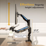 A user adjusts the Mount-It! Heavy-Duty Monitor and Laptop Mount, featuring black gas spring arms with blue accents. Text reads Effortless fingertip adjustment and 17.3" pole height—an ideal ergonomic dual mount for your workspace.