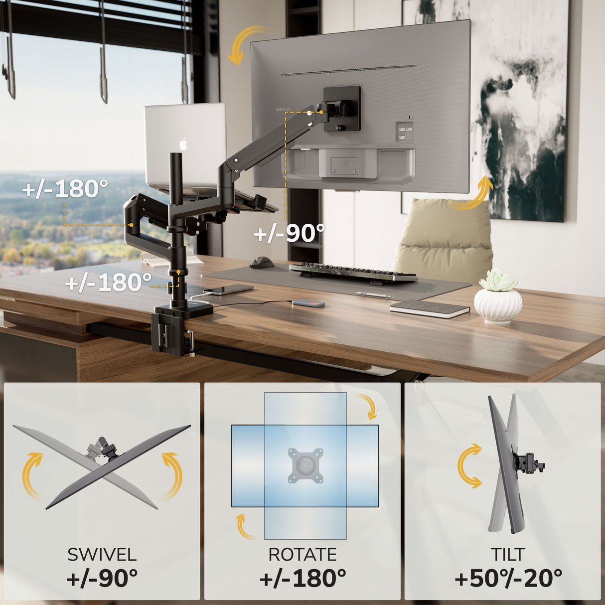 The Mount-It! Heavy-Duty Monitor and Laptop Mount with Pole and Gas Spring Arms attaches to a desk, offering swivel ±90°, rotate ±180°, and tilt +50° to -20°. The setup organizes your space, featuring a plant, notebook, and pen on the desk.
