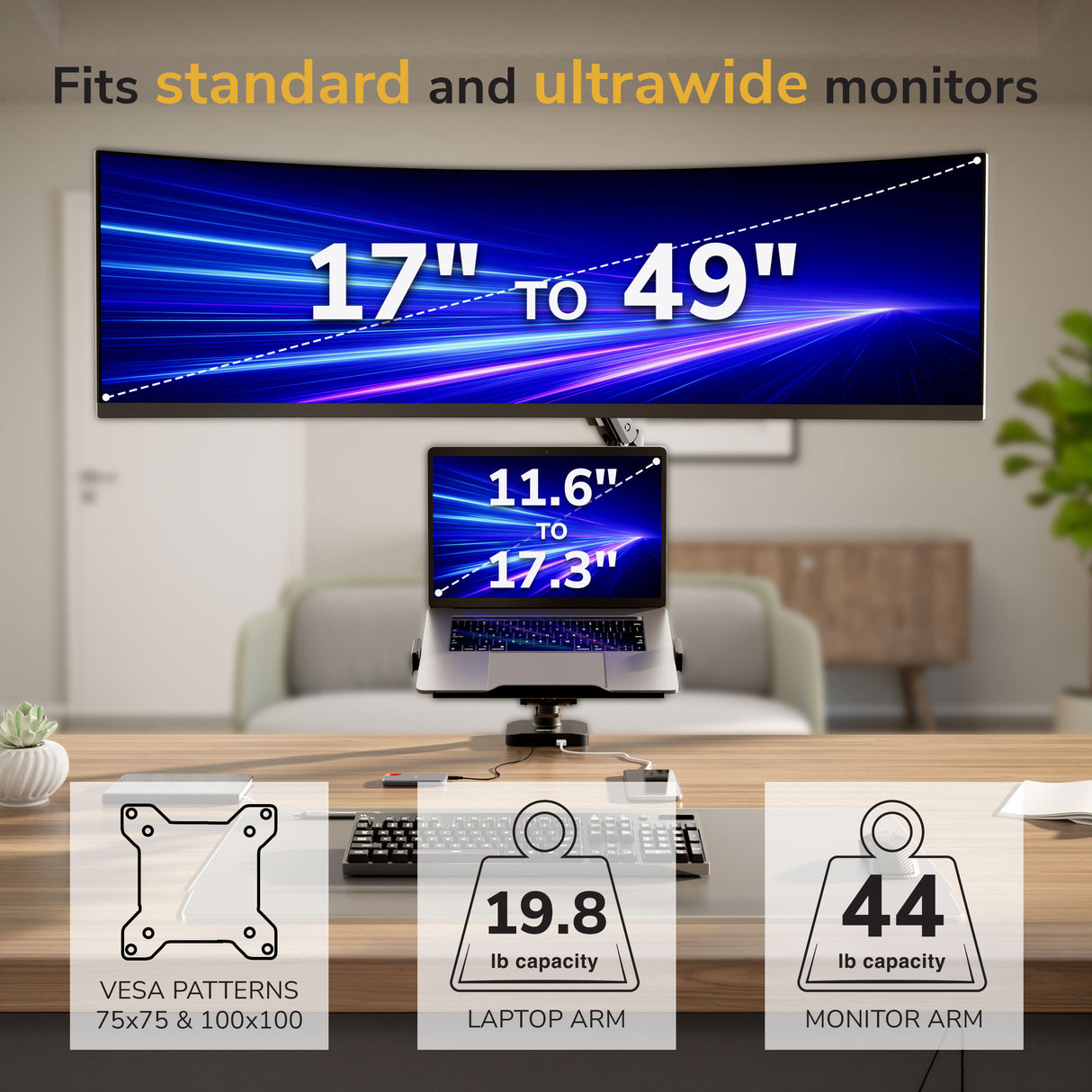 Desk setup featuring the Mount-It! Heavy-Duty Monitor and Laptop Mount with pole and gas spring arms for a curved ultrawide monitor (17–49") above a laptop (11.6–17.3”), VESA compatible, 19.8 lb laptop arm, 44 lb monitor arm capacity.