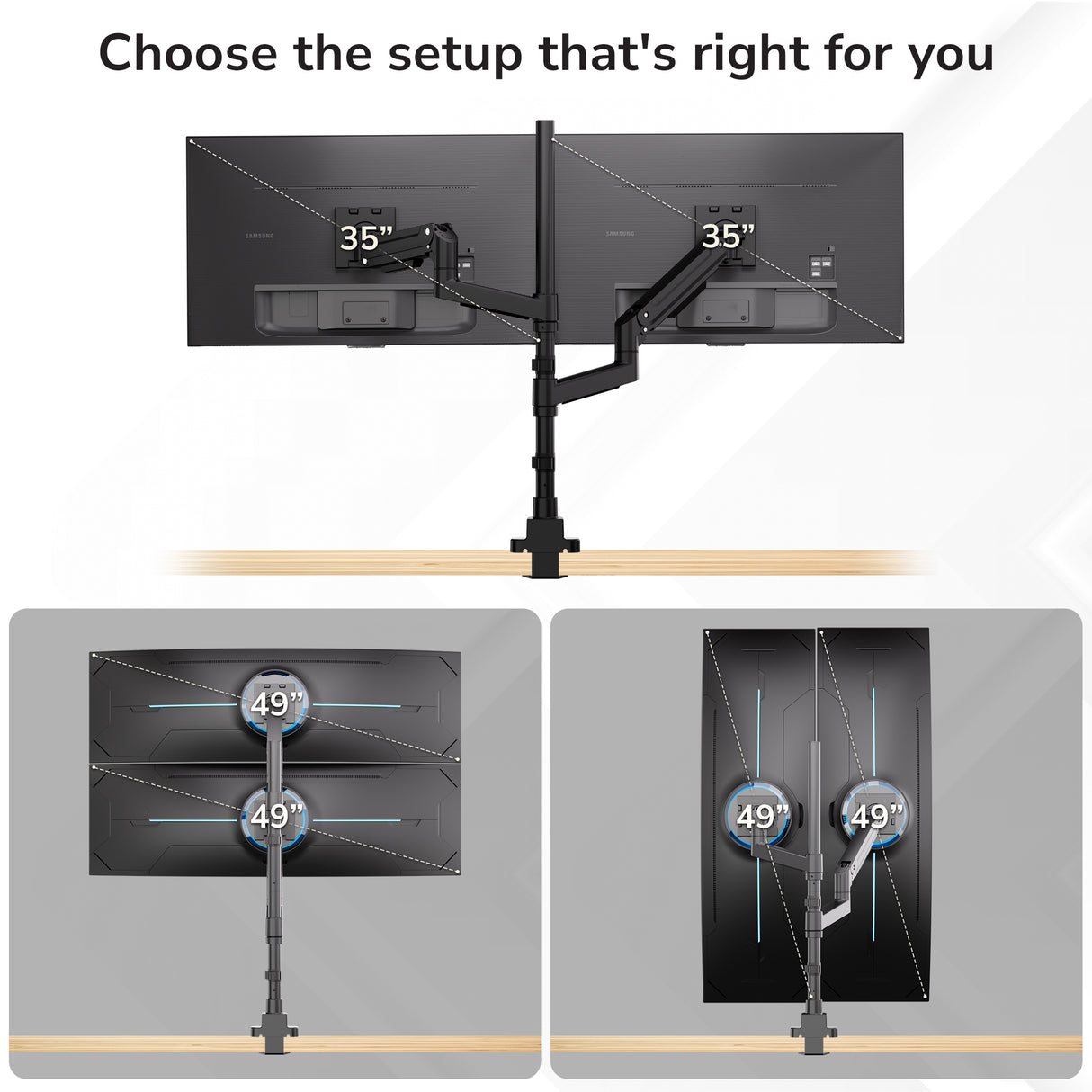 Diagram shows three Mount-It! Heavy-Duty Dual Stacking Monitor Mount setups: side-by-side (35" each), stacked vertically (49" each), and V-shape (49" each) for an ergonomic desk.