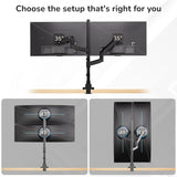 Diagram shows three Mount-It! Heavy-Duty Dual Stacking Monitor Mount setups: side-by-side (35" each), stacked vertically (49" each), and V-shape (49" each) for an ergonomic desk.