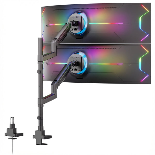 The Mount-It! Heavy-Duty Dual Stacking Monitor Mount in black securely clamps to your desk and holds two curved monitors vertically, featuring vibrant rear LED lighting for an ergonomic setup.