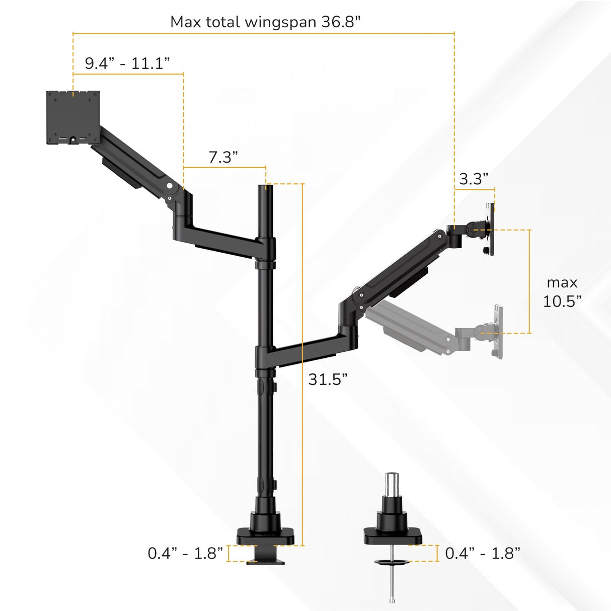 Diagram of the Mount-It! Heavy-Duty Dual Stacking Monitor Mount for ergonomic desks, showing labeled measurements: max wingspan 36.8", arm segments 9.4-11.1", 7.3", 3.3", upright pole 31.5", max monitor height 10.5", clamp width 0.4–1.8".