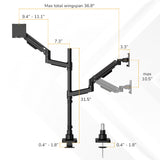 Diagram of the Mount-It! Heavy-Duty Dual Stacking Monitor Mount for ergonomic desks, showing labeled measurements: max wingspan 36.8", arm segments 9.4-11.1", 7.3", 3.3", upright pole 31.5", max monitor height 10.5", clamp width 0.4–1.8".