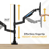 The Mount-It! Heavy-Duty Dual Stacking Monitor Mount, with a 31.5-inch pole, features adjustable arms holding monitors and offers effortless fingertip height adjustment—illustrated by up and down arrows.