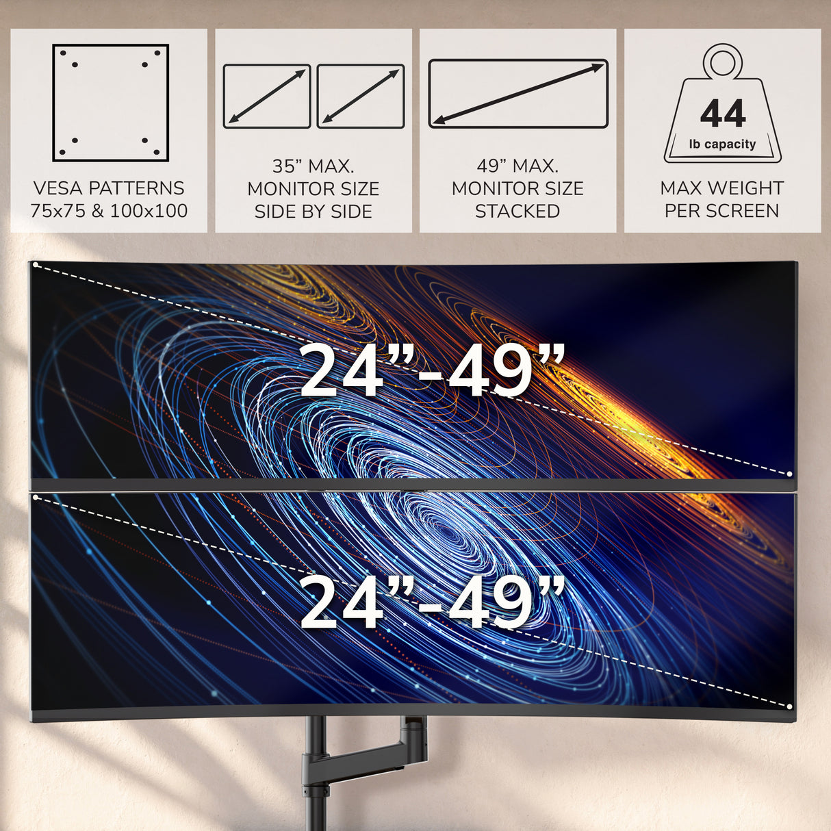 The Mount-It! Heavy-Duty Dual Stacking Monitor Mount holds two curved monitors (24”–49”), with VESA 75x75 & 100x100, max side-by-side width of 35”, stacked height of 49”, and supports up to 44 lbs—ideal for ergonomic setups.