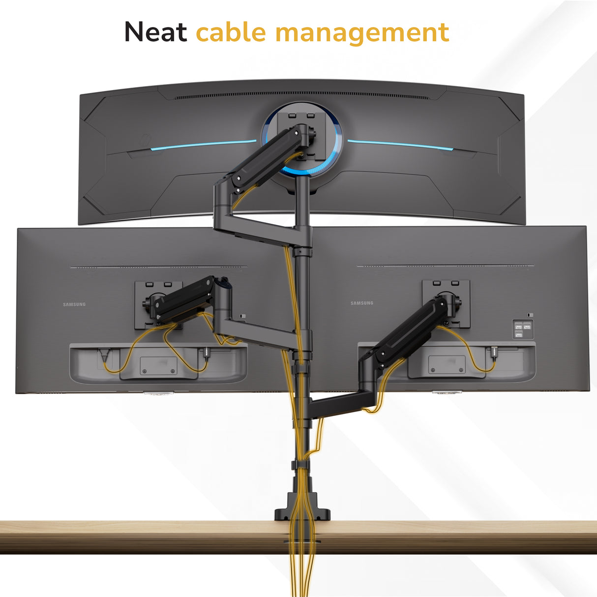 Three monitors are mounted above a desk on the Mount-It! Heavy-Duty Triple Monitor Mount, with yellow cables neatly organized along the mount arms. Text at the top reads, Neat cable management.
