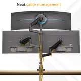 Three monitors are mounted above a desk on the Mount-It! Heavy-Duty Triple Monitor Mount, with yellow cables neatly organized along the mount arms. Text at the top reads, Neat cable management.
