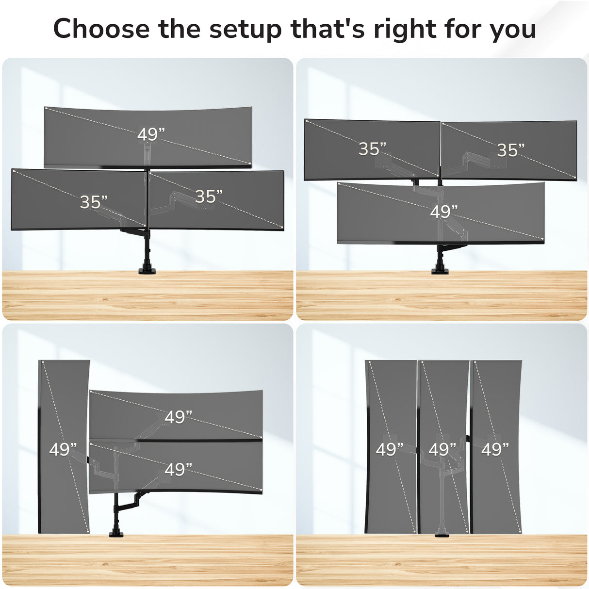 Wooden desks showcase four setups using the Mount-It! Heavy-Duty Triple Monitor Mount—supporting stacked 35-inch and 49-inch screens and dual 49-inch ultrawides—with stable gas spring arms for flexible monitor positioning.