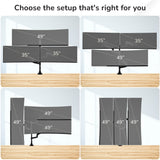 Wooden desks showcase four setups using the Mount-It! Heavy-Duty Triple Monitor Mount—supporting stacked 35-inch and 49-inch screens and dual 49-inch ultrawides—with stable gas spring arms for flexible monitor positioning.