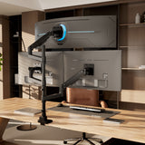 A modern office desk features the Mount-It! Heavy-Duty Triple Monitor Mount with adjustable gas spring arms, a keyboard, mouse, and a brown leather chair. Stylish wooden shelves and cabinets offer storage in the background.