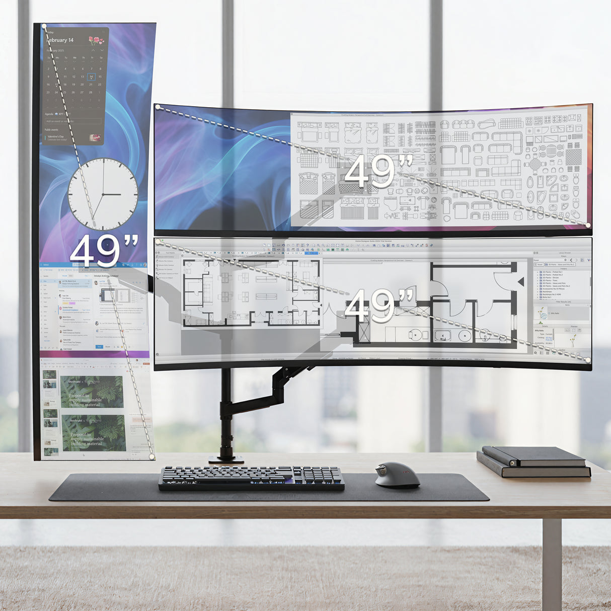 A modern desk with a Mount-It! Heavy-Duty Triple Monitor Mount holds three 49-inch curved monitors displaying architectural plans, set before large windows with a city view; includes keyboard and mouse.