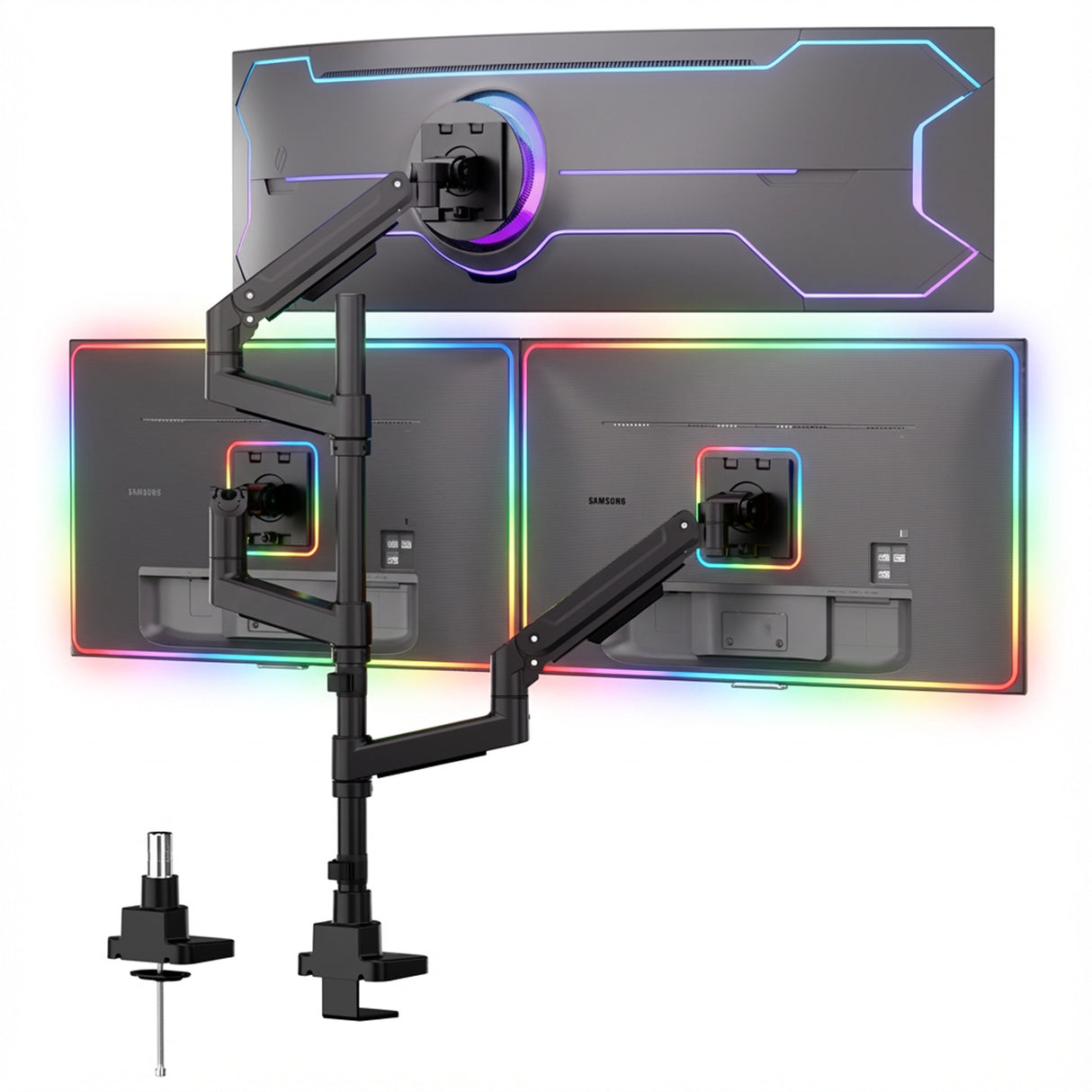 The Mount-It! Heavy-Duty Triple Monitor Mount in black features dual gas spring arms with colorful LED borders for two monitors, a top mount for a curved screen, and includes two desk mounting options shown on the left.