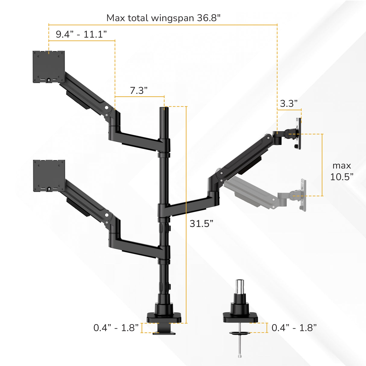 Diagram of the Mount-It! Heavy-Duty Triple Monitor Mount with gas spring arms, showing labeled measurements: max wingspan 36.8", arm lengths, max height 10.5", and clamp/grommet sizes for desk mounting.