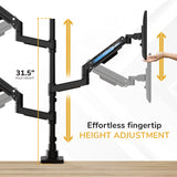 The Mount-It! Heavy-Duty Triple Monitor Mount is displayed on a desk with gas spring arms, a 31.5-inch pole height, and fully adjustable arms. Yellow arrows show effortless fingertip height adjustment as a hand moves one monitor.