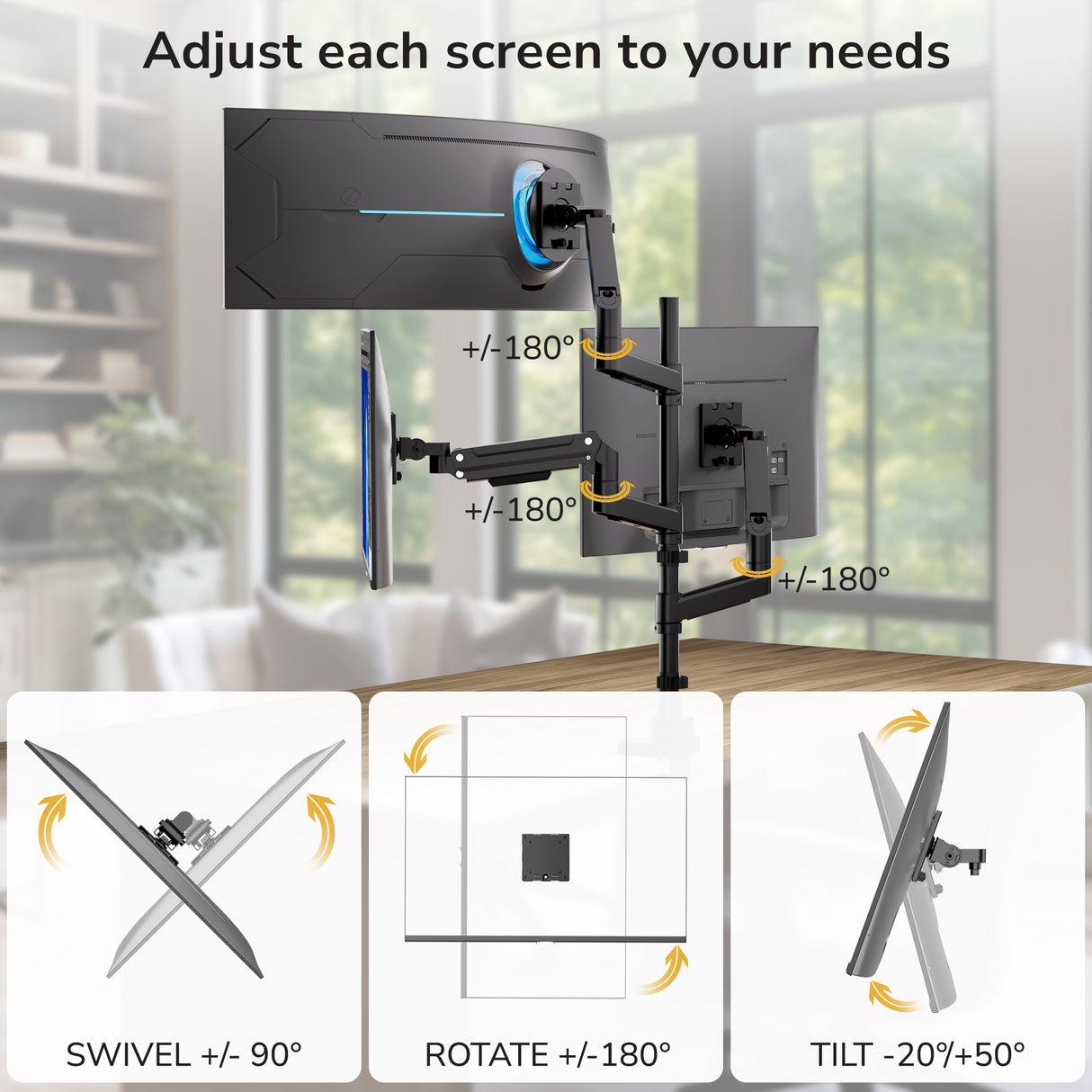 Mount-It! Heavy-Duty Triple Monitor Mount on a desk, equipped with gas spring arms for smooth swivel (±90°), rotation (±180°), and tilt (-20°/+50°). Text: "Adjust each screen to your needs," with arrows showing movement directions.