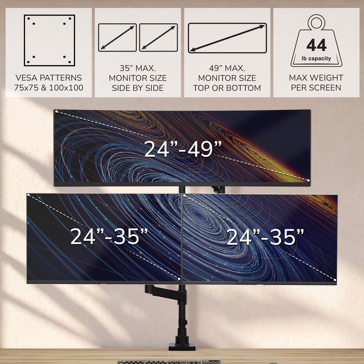 The Mount-It! Heavy-Duty Triple Monitor Mount holds three screens (24–49”, up to 44 lbs each) with VESA 75x75 & 100x100 support. Gas spring arms allow easy adjustment. Example setup shows monitors with swirling abstract graphics.